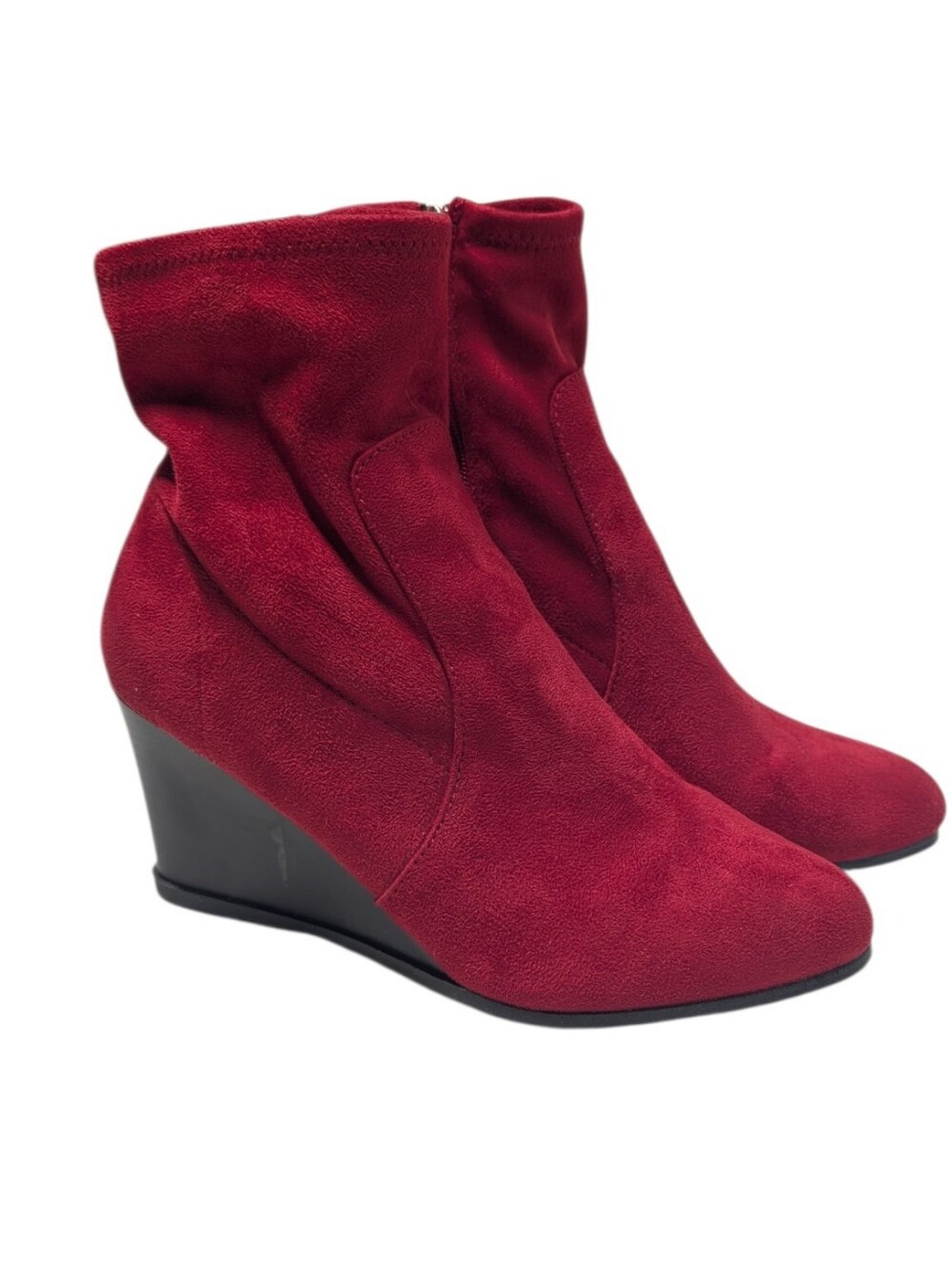 Red Circle Footwear Red Faux Suede Wedge Ankle Booties Round Toe Sz 10 Side Zip